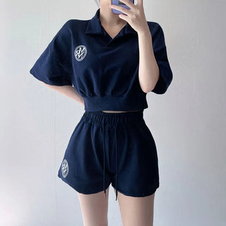 Teen Crop Short Sleeve Collared High-Waisted Elastic Shorts Training Set
