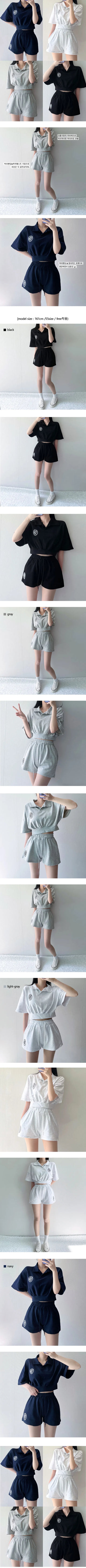Teen Crop Short Sleeve Collared High-Waisted Elastic Shorts Training Set