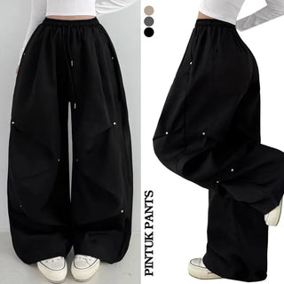 Knee Pintuck High-waisted Elastic Waist Rivet Knee Pintuck Detail Wide Pants String Pocket Balloon Fit Y2K Hip Long New Autumn Pants