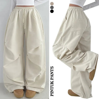 Knee Pintuck High-waisted Elastic Waist Rivet Knee Pintuck Detail Wide Pants String Pocket Balloon Fit Y2K Hip Long New Autumn Pants