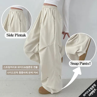 Knee Pintuck High-waisted Elastic Waist Rivet Knee Pintuck Detail Wide Pants String Pocket Balloon Fit Y2K Hip Long New Autumn Pants