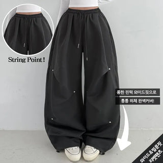 Knee Pintuck High-waisted Elastic Waist Rivet Knee Pintuck Detail Wide Pants String Pocket Balloon Fit Y2K Hip Long New Autumn Pants