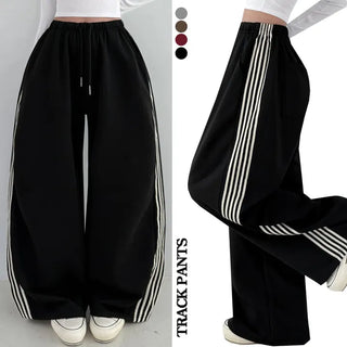 Side Track New Autumn High-Waisted Elastic Track Pants  Stripe Line Drawstring Vertical Long Wide Pants Petite Lower Body Cover