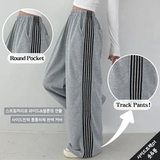 Side Track New Autumn High-Waisted Elastic Track Pants  Stripe Line Drawstring Vertical Long Wide Pants Petite Lower Body Cover