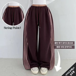 Side Track New Autumn High-Waisted Elastic Track Pants  Stripe Line Drawstring Vertical Long Wide Pants Petite Lower Body Cover