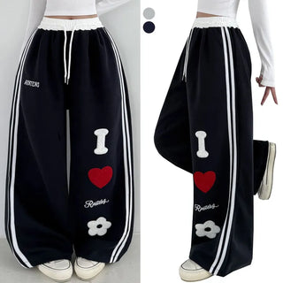 Heart Patch Autumn High-Waist Elastic Heart Track Wide Pants Embroidered Logo Balloon Fit Training Long Wide Pants Ruffle Vintage Patch Embroidery