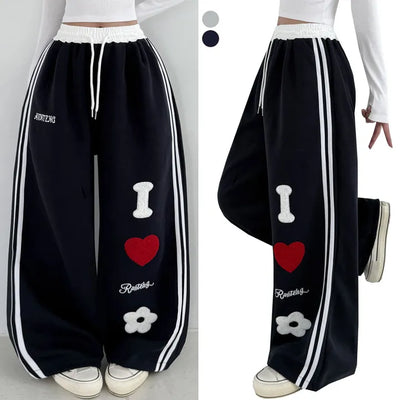 Heart Patch Autumn High-Waist Elastic Heart Track Wide Pants Embroidered Logo Balloon Fit Training Long Wide Pants Ruffle Vintage Patch Embroidery