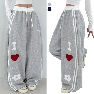 Heart Patch Autumn High-Waist Elastic Heart Track Wide Pants Embroidered Logo Balloon Fit Training Long Wide Pants Ruffle Vintage Patch Embroidery