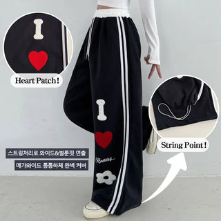Heart Patch Autumn High-Waist Elastic Heart Track Wide Pants Embroidered Logo Balloon Fit Training Long Wide Pants Ruffle Vintage Patch Embroidery