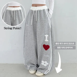 Heart Patch Autumn High-Waist Elastic Heart Track Wide Pants Embroidered Logo Balloon Fit Training Long Wide Pants Ruffle Vintage Patch Embroidery