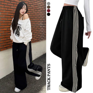 Side Track New Autumn High-Waisted Elastic Track Pants  Stripe Line Drawstring Vertical Long Wide Pants Petite