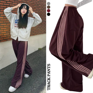 Side Track New Autumn High-Waisted Elastic Track Pants  Stripe Line Drawstring Vertical Long Wide Pants Petite