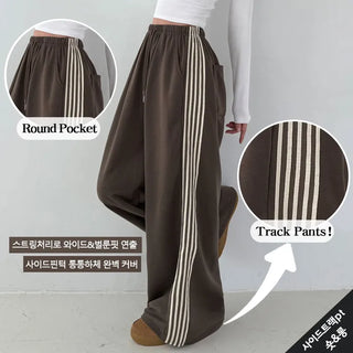 Side Track New Autumn High-Waisted Elastic Track Pants  Stripe Line Drawstring Vertical Long Wide Pants Petite