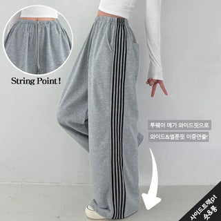 Side Track New Autumn High-Waisted Elastic Track Pants  Stripe Line Drawstring Vertical Long Wide Pants Petite