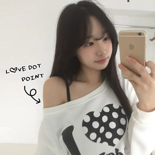 Delicate Avant-garde Off-shoulder Love Dot Long Sleeve Sweatshirt Vintage Dot Loose Round T-shirt Autumn Oversized Avant-garde Tee Transitional Heart Polka Dot Lettering Top
