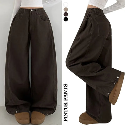 Side Pintuck High-Waist Long Wide Pants Hidden Elastic Waist Hem Snap Tab Button Cotton Wide Jogger Fleece Pants