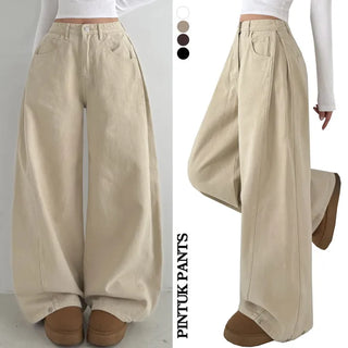 Side Pintuck High-Waist Long Wide Pants Hidden Elastic Waist Hem Snap Tab Button Cotton Wide Jogger Fleece Pants