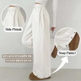 Side Pintuck High-Waist Long Wide Pants Hidden Elastic Waist Hem Snap Tab Button Cotton Wide Jogger Fleece Pants