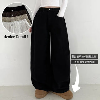 Side Pintuck High-Waist Long Wide Pants Hidden Elastic Waist Hem Snap Tab Button Cotton Wide Jogger Fleece Pants