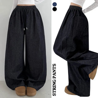 Two-way Elastic Waist, Drawstring Hem, Color-Transfer Non-Bleeding Raw Denim Wide Jogger Balloon Fit Denim Pants, Fleece Lined Pants
