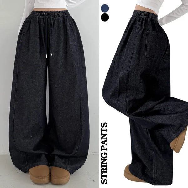 Two-way Elastic Waist, Drawstring Hem, Color-Transfer Non-Bleeding Raw Denim Wide Jogger Balloon Fit Denim Pants, Fleece Lined Pants