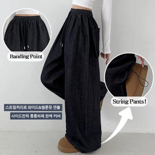 Two-way Elastic Waist, Drawstring Hem, Color-Transfer Non-Bleeding Raw Denim Wide Jogger Balloon Fit Denim Pants, Fleece Lined Pants