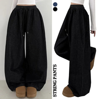 Two-way Elastic Waist, Drawstring Hem, Color-Transfer Non-Bleeding Raw Denim Wide Jogger Balloon Fit Denim Pants, Fleece Lined Pants
