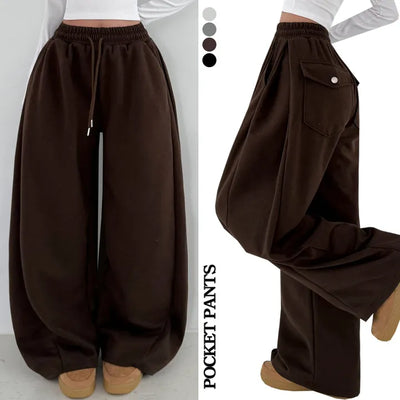 High-Waist Elastic Waist 3D Pocket Drawstring Wide Pants Balloon Fit Winter Fleece-Lined Side Pintuck Petite Lower Body Cover Two-Way Training Pants