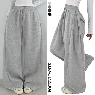 High-Waist Elastic Waist 3D Pocket Drawstring Wide Pants Balloon Fit Winter Fleece-Lined Side Pintuck Petite Lower Body Cover Two-Way Training Pants