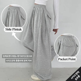 High-Waist Elastic Waist 3D Pocket Drawstring Wide Pants Balloon Fit Winter Fleece-Lined Side Pintuck Petite Lower Body Cover Two-Way Training Pants