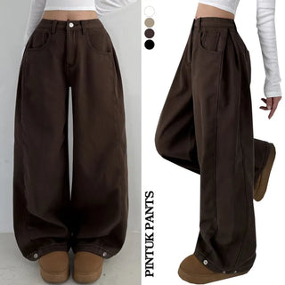 Side Pintuck High-Waisted Long Wide Pants Winter Hidden Elastic Waist Hem Snap Button Tab Cotton Pants Wide Balloon Fit