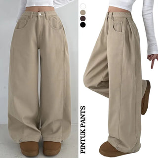 Side Pintuck High-Waisted Long Wide Pants Winter Hidden Elastic Waist Hem Snap Button Tab Cotton Pants Wide Balloon Fit