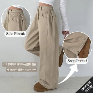 Side Pintuck High-Waisted Long Wide Pants Winter Hidden Elastic Waist Hem Snap Button Tab Cotton Pants Wide Balloon Fit