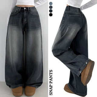 Wide Fit Balloon Fit Snap Buttons Hem Washed Denim Long Pants Long Pants Jeans Winter Fleece Wide Lower Body Cover Pants
