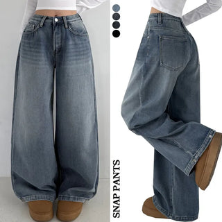 Wide Fit Balloon Fit Snap Buttons Hem Washed Denim Long Pants Long Pants Jeans Winter Fleece Wide Lower Body Cover Pants