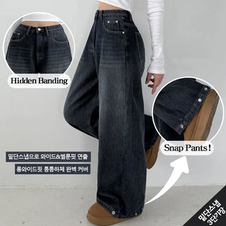 Wide Fit Balloon Fit Snap Buttons Hem Washed Denim Long Pants Long Pants Jeans Winter Fleece Wide Lower Body Cover Pants