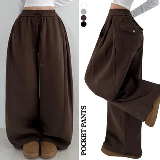Lower Body Cover, Slim Waist, Wide Waist, High-waisted, Long Training Pants, Fleece-lined, Elastic Waist, Wide Pants