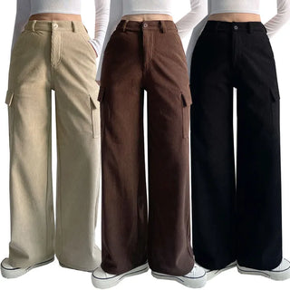 Fleece-lined Corduroy Cargo Wide Pants Winter Fleece-lined Corduroy Hidden Elastic Waist Pants Lower Body Cover