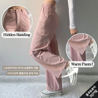Fleece-lined Corduroy Cargo Wide Pants Winter Fleece-lined Corduroy Hidden Elastic Waist Pants Lower Body Cover