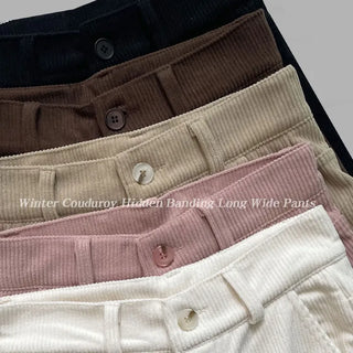 Fleece-lined Corduroy Cargo Wide Pants Winter Fleece-lined Corduroy Hidden Elastic Waist Pants Lower Body Cover