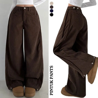 Fleece-lined Side Pintuck Corduroy High-Waisted Long Wide Pants Winter Fleece-lined Pintuck Snap Button Balloon Fit Hidden Elastic Waist Lower Body Cover Pants