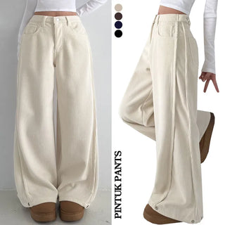 Fleece-lined Side Pintuck Corduroy High-Waisted Long Wide Pants Winter Fleece-lined Pintuck Snap Button Balloon Fit Hidden Elastic Waist Lower Body Cover Pants