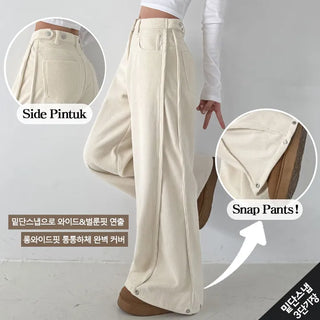 Fleece-lined Side Pintuck Corduroy High-Waisted Long Wide Pants Winter Fleece-lined Pintuck Snap Button Balloon Fit Hidden Elastic Waist Lower Body Cover Pants