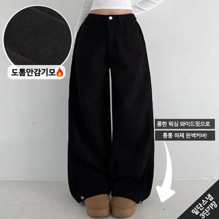 Fleece-lined Side Pintuck Corduroy High-Waisted Long Wide Pants Winter Fleece-lined Pintuck Snap Button Balloon Fit Hidden Elastic Waist Lower Body Cover Pants
