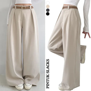 High-Waisted Elastic Waist Long Wide Slacks New Spring Pintucks Short Midi Long Pants Pants