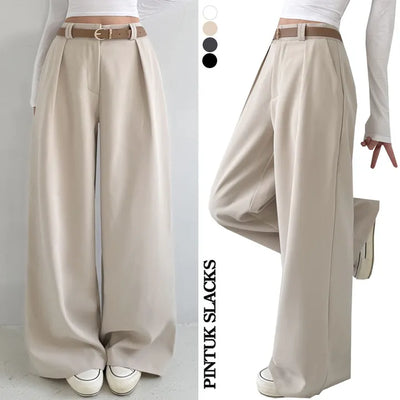 High-Waisted Elastic Waist Long Wide Slacks New Spring Pintucks Short Midi Long Pants Pants