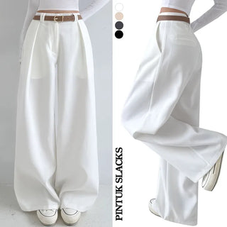 High-Waisted Elastic Waist Long Wide Slacks New Spring Pintucks Short Midi Long Pants Pants