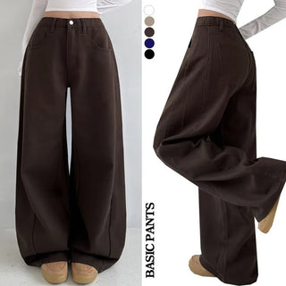 High-waisted Hidden Elastic Waist Cut-out Long Wide Pants Spring All Seasons Pintuck Petite Balloon Fit Lower Body Cover Pocket Transitional Pants