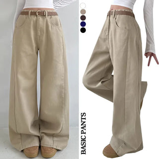 High-waisted Hidden Elastic Waist Cut-out Long Wide Pants Spring All Seasons Pintuck Petite Balloon Fit Lower Body Cover Pocket Transitional Pants