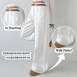 High-waisted Hidden Elastic Waist Cut-out Long Wide Pants Spring All Seasons Pintuck Petite Balloon Fit Lower Body Cover Pocket Transitional Pants